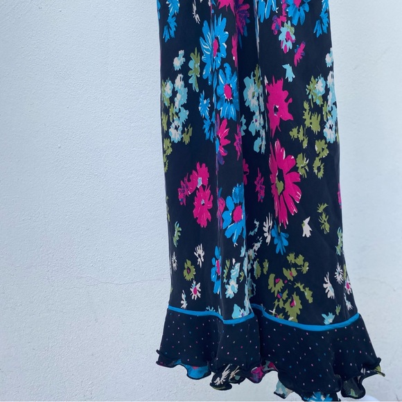 Y2K 100% Silk Black Multicolor Floral & Polka Dot Slip Dress Size 1/2 - Picture 6 of 10